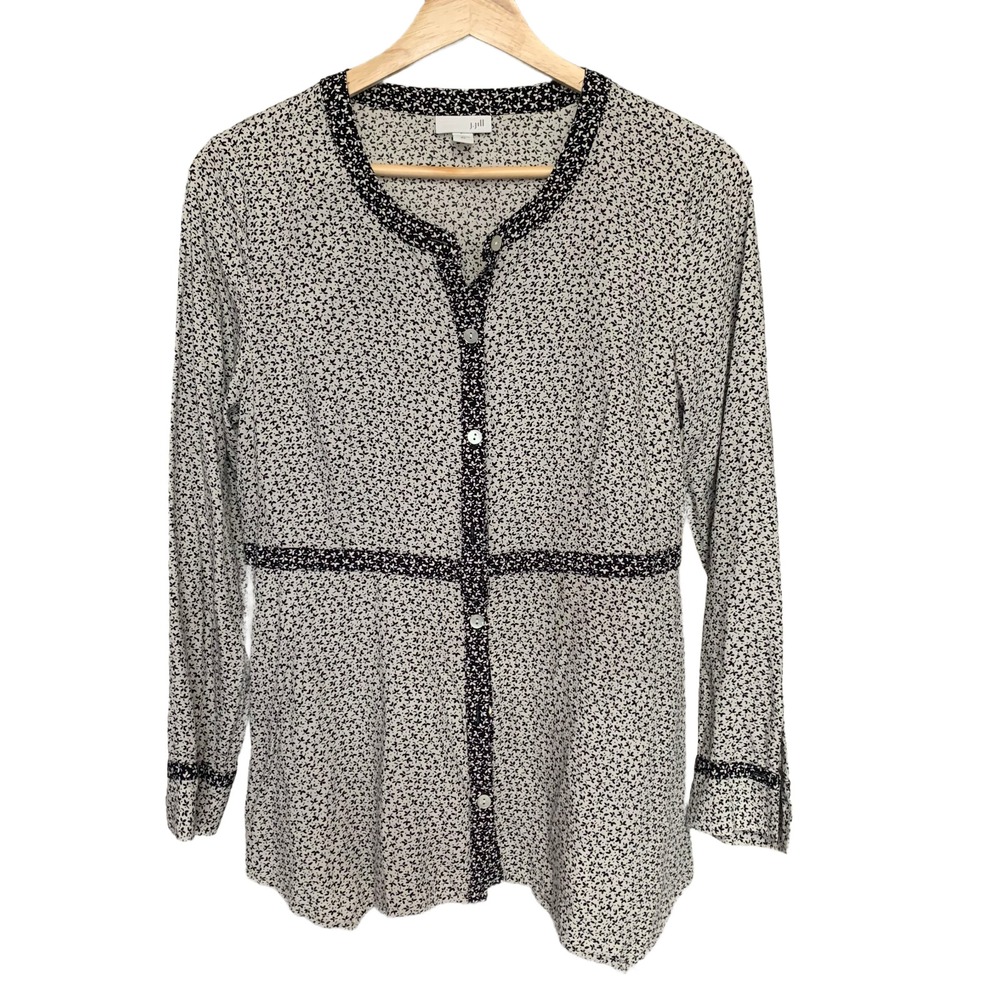 J Jill XS Black And White Button Up Ditzy Floral Print Rayon Blouse